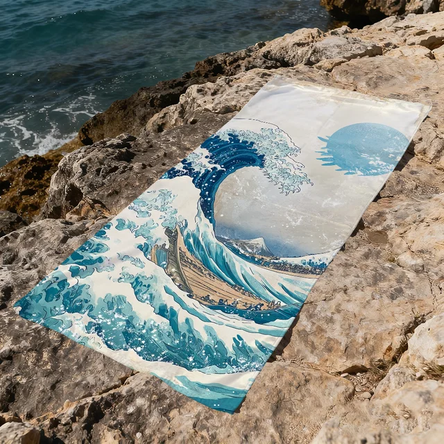 Beige Cartoon W-wave-e art Towel Large Quick-Drying Microfiber soft Beach Towel for Travel Fitness Sauna Bathing Camping 5