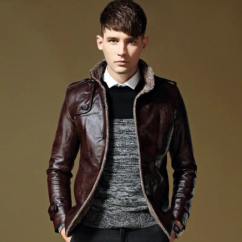 thumbnail image 1 of Chaqueta de cuero PU con cuello de piel gruesa de terciopelo sólido para hombre de otoño e invierno, chaqueta de cuero de talla grande, abrigo de motocicleta, ropa de motorista para hombre, 1 of 5