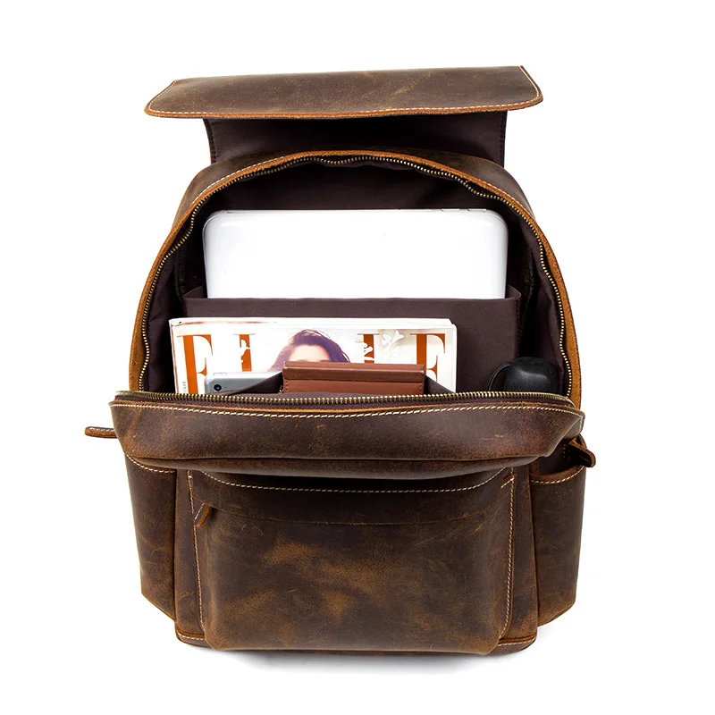 NASVA Genuine Leathe Men's Backpack Vintege  Hiking Backpack Casual  School Backpack  Coffee Business   For 15.6 In Laptop  Bag 6