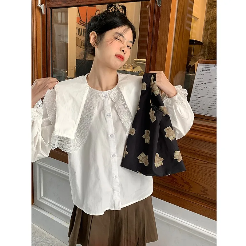 

2022 New Arrival Spring Women Sweet Cute Long Sleeve Turn-down Collar Blouse Lace Patchwork Single Breasted Casual Shirts V219