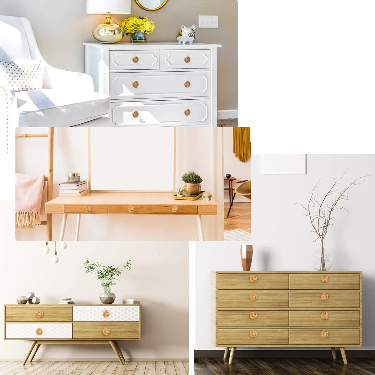 6/12PCS Rattan Wooden Drawer Knobs Boho Rattan Dresser Knobs Round Handmade Cabinets Dresser Handles Cupboard Wardrobe Door Pull