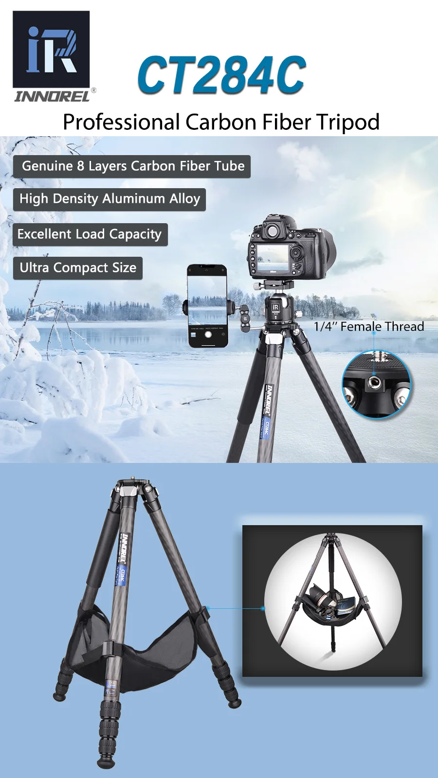 CT284C Professional Carbon Fiber Tripod Travel Camera Stand with Stone Bag for D