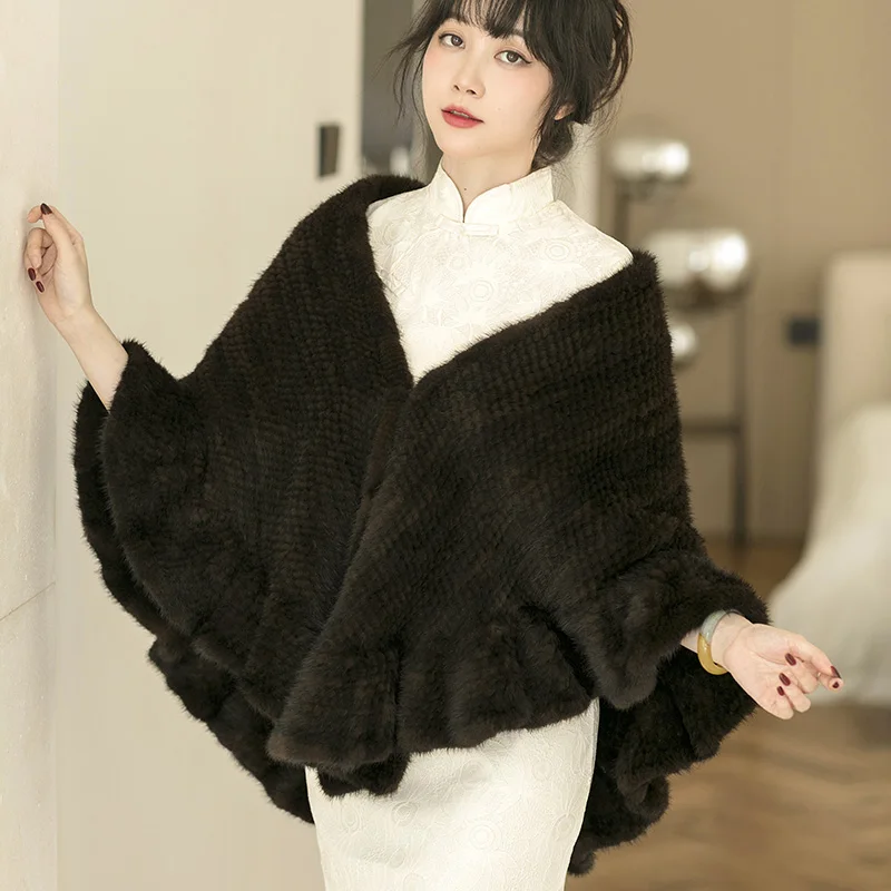 Besfilin 여성용 리얼 밍크 모피, 빅 케이프 하프 라운드 숄, 짠 스카프, 여행 판초, 양면 패션, 가을 및 겨울 따뜻함