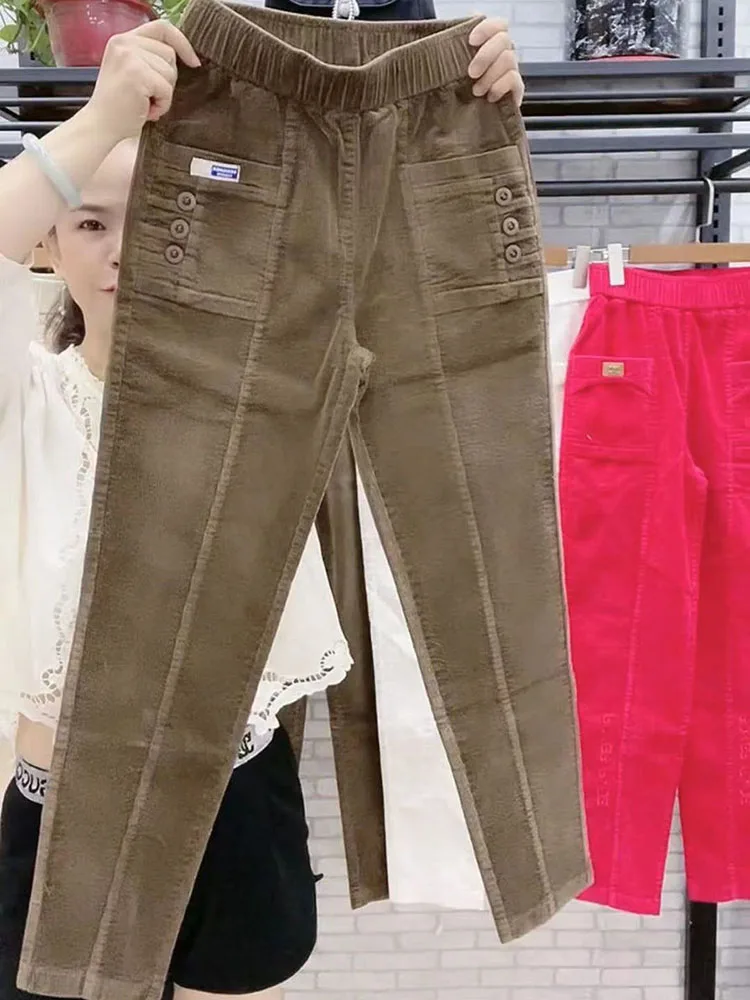 Women Casual Corduroy Harem Pants Korean Elastic High Waist Pencil Pantalons Spring Fall Mom Pantalones Ankle Length Trousers 2