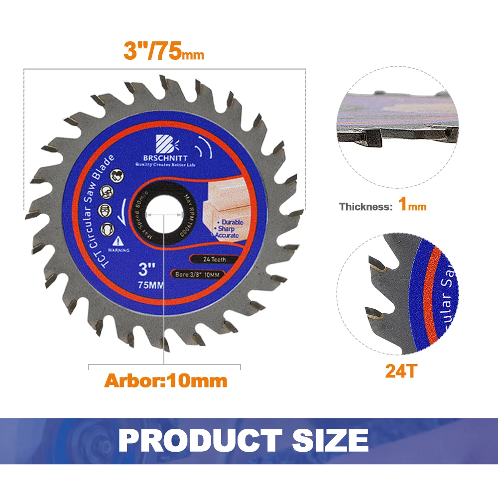 3-Piece 75mm Circular Saw Blades - 24T TCT Wood Cutting Discs For Angle Grinder