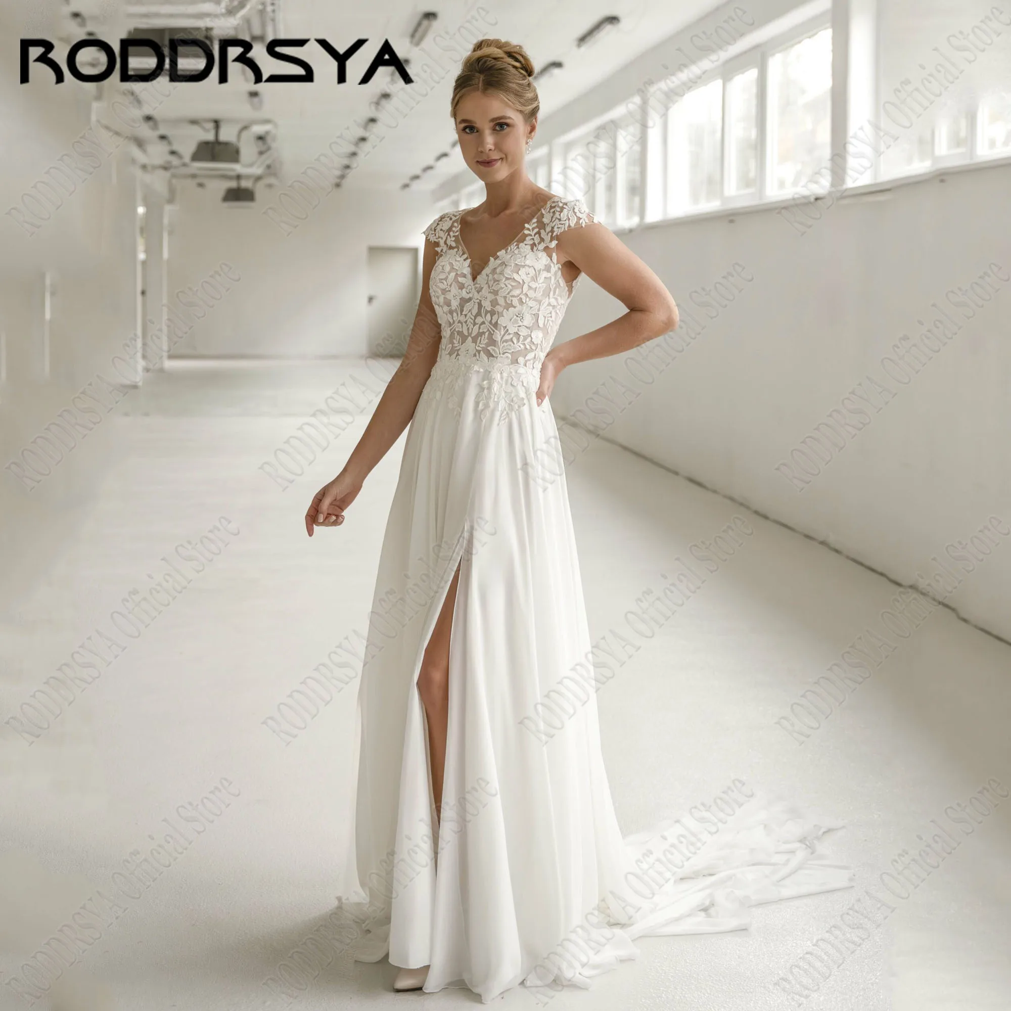 RODDRSYA Chiffon A-Line Wedding Gowns Cap Sleeves V-Neck Backless Civil Vestidos De Novia Side Split Sweep Train Applique 4