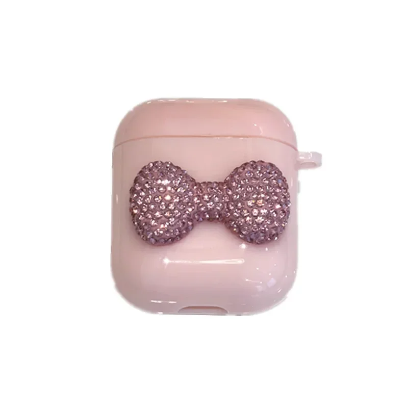 Cute Bow Pink Sparkling Diamond Earphone Case with Hook - Protective and Stylish Cartoon Design