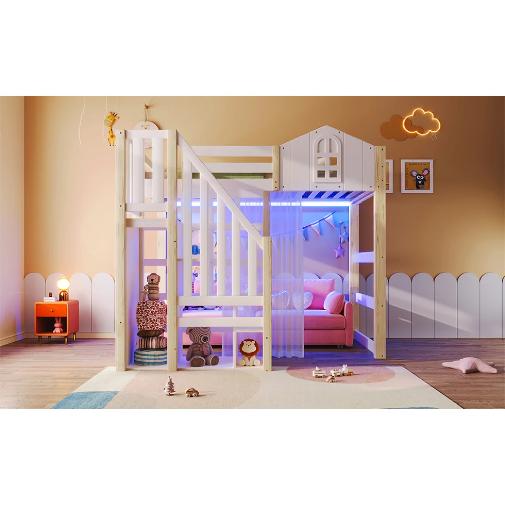 90x200cm Kinderzimmer-Hochbett, mit LED-Leuchten und Gaze, Fensterform, offenes Aufbewahrungsfach, Weiß + Natur (ohne Matratze) – Detail 20