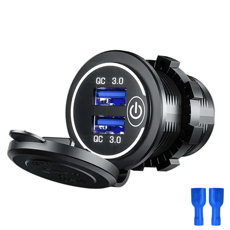 Dual USB Fast Car Charger with Touch Switch & LED Light - Waterproof QC3.0 Power Outlet