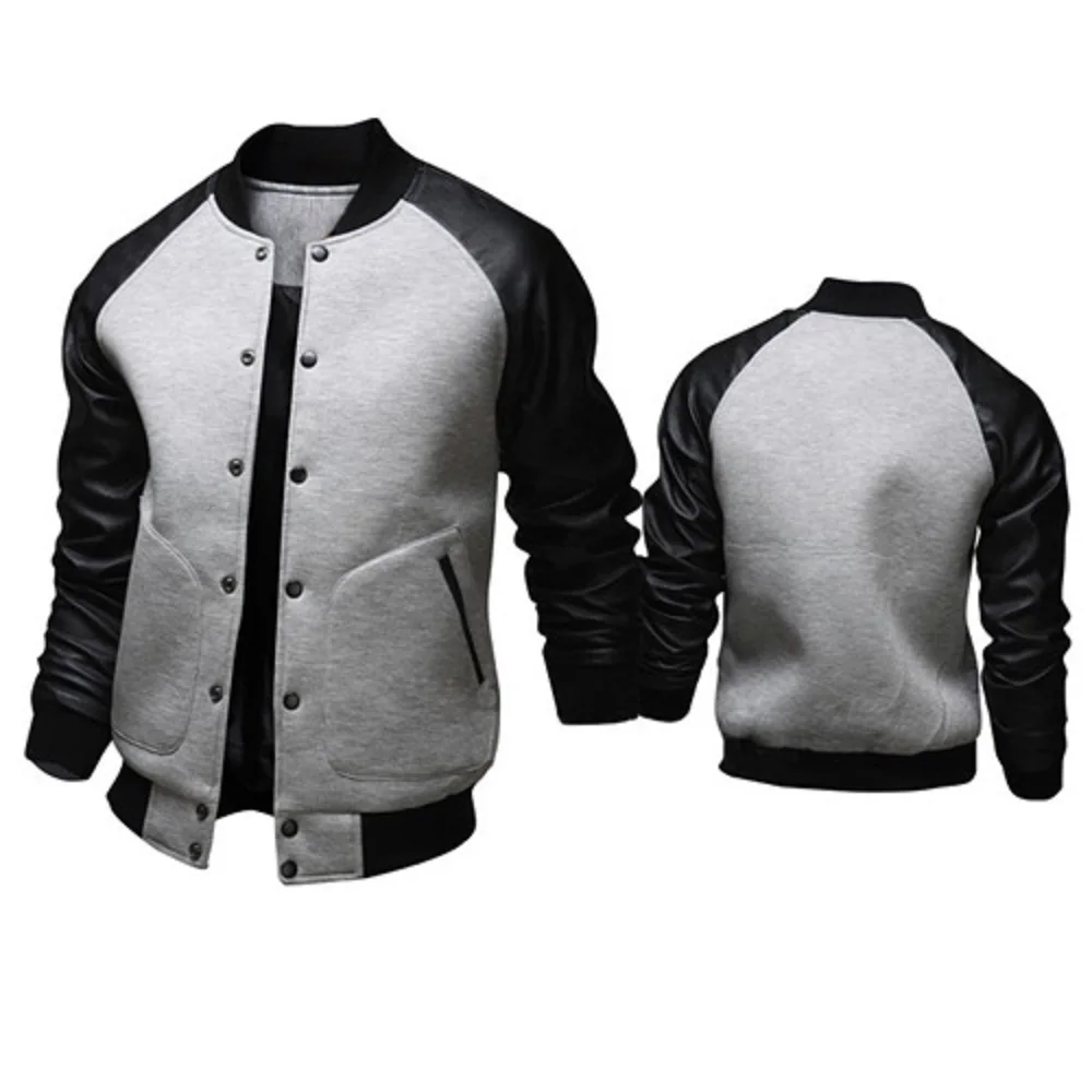 Men's Baseball Jacket Big Pockets Leather Sleeves Casual Sports Stand PU Collar Light Warm Jacket Men Patchwork Baseball Coats tank tops summer night ballpark light baseball tank top dark grey in gray size m