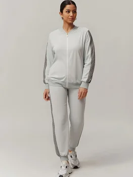 Plus Size Women's Light Gray Houndstooth Stripe Zip Bomber Jacket & Jogger Pants 2-Piece Set - Casual Chic Daily Style (0XL-4XL)