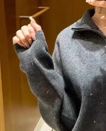 

Women's zipper knitted pullover diamond long sleeve winter warm clothes fashionable casual tops