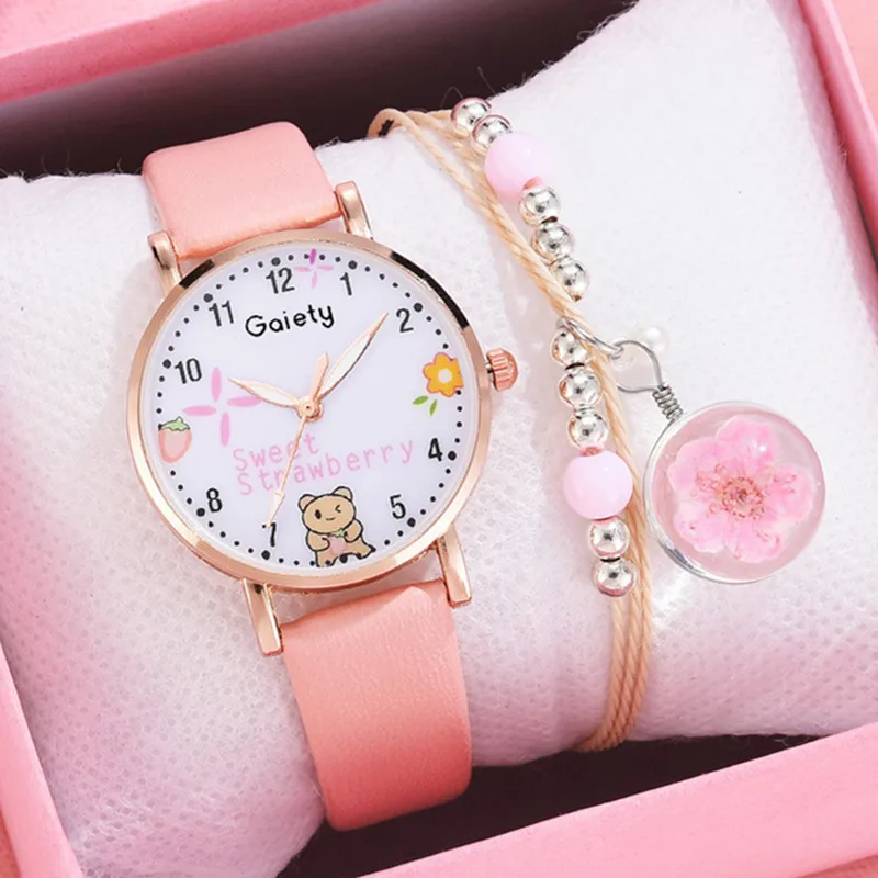 2pcs Set Bracelet Watch For Women Unique Cartoon Pattern Pink Girls Watch Fashion Leather Ladies Quartz Clock Reloj Mujer No Box 