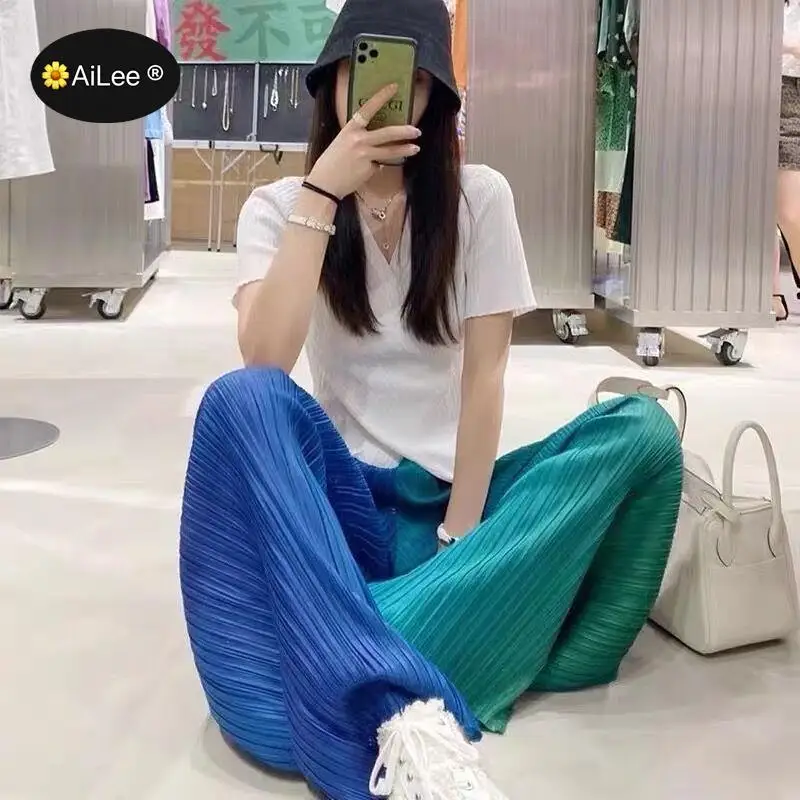 Women's Gradient Pants Casual Fade Straight Leg High Waist Elastic Pleated Loose Fashion Wide Leg Pants Y2k Clothes Ropa Mujer