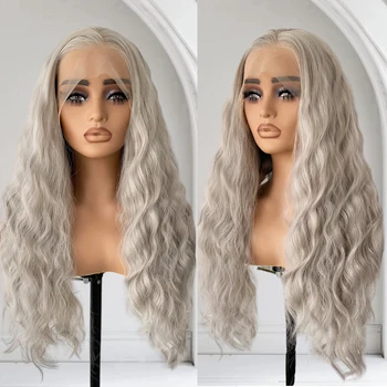 Ash Blonde Lace Wig Long Deep Wave Synthetic Lace Front Wigs for Women 13X4 Glueless Natural Hairline Daily Use Cosplay Party