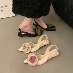 New Flower Designer Sandals Women Elegant Satin Mule Shoes Summer Pointed Toe Pumps Low Heel Flowers Slingback Sandals Female