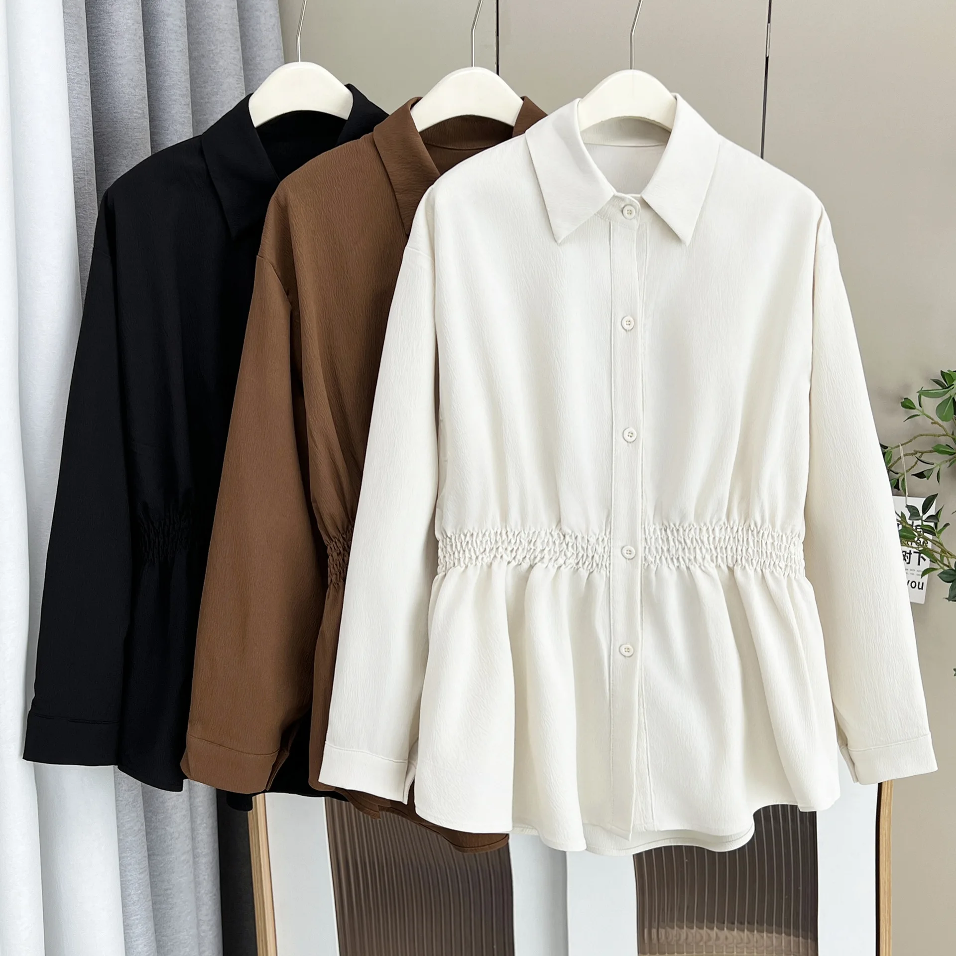 XXXXL Autumn New Stylish Waist Cinching Long Sleeved Casual Shirt Fashion Plus Size Women's Bouses