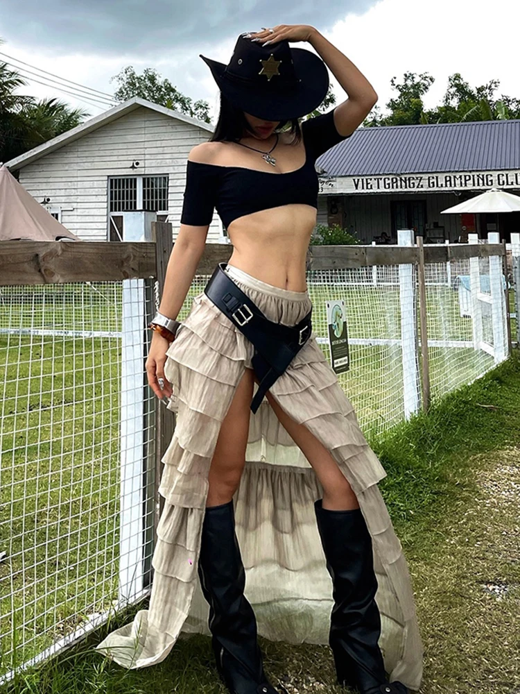 Nibber Tierred Skirts Women High Slit Patchwork Skinny Hottie Sexy Midnight Music Festival Street Fashion Simple Chic Bottoms