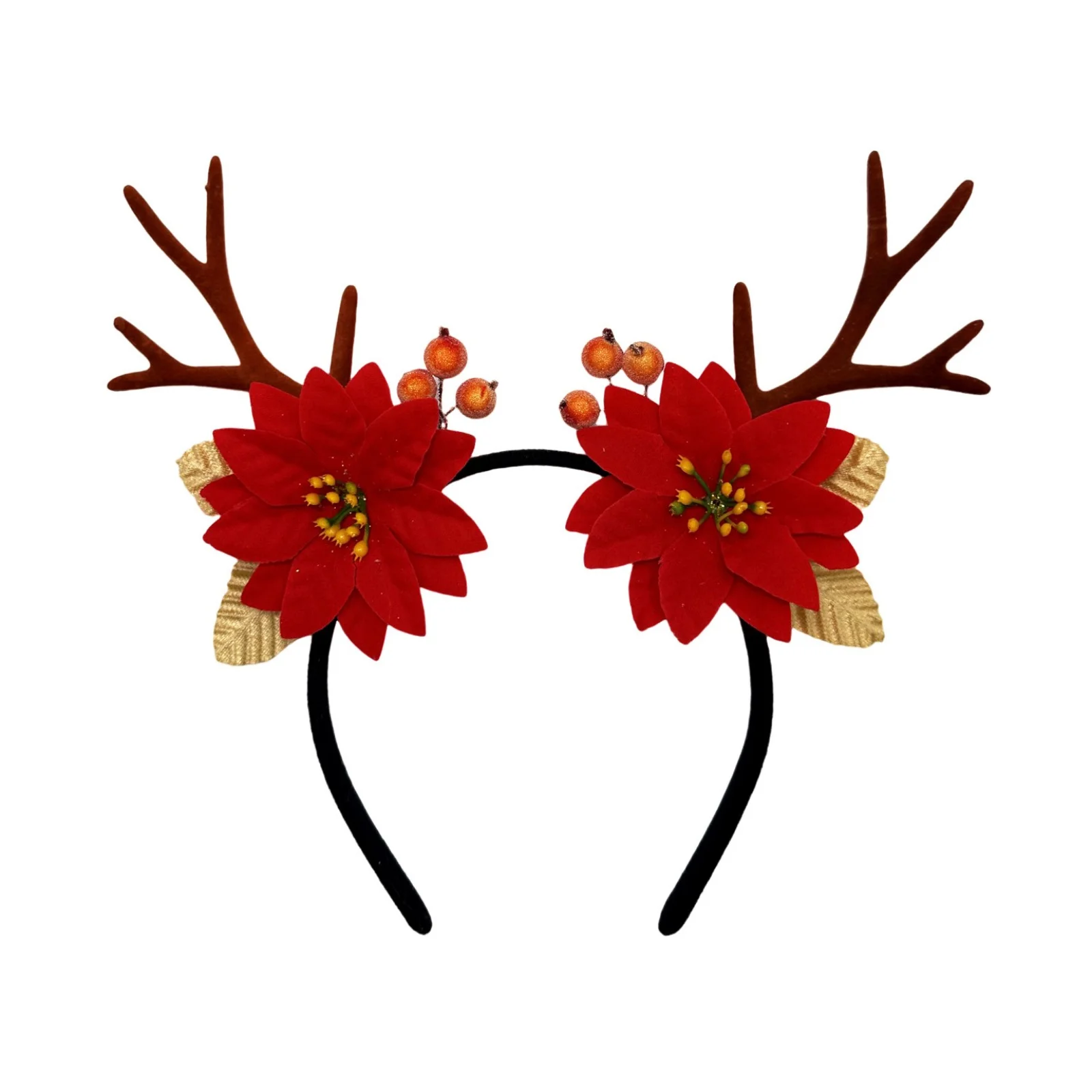 1PC Christmas Reindeer Antlers Headband - Poinsettia Flower Decor Hair Accessory For Christmas Party Cosplay Festival Decoration
