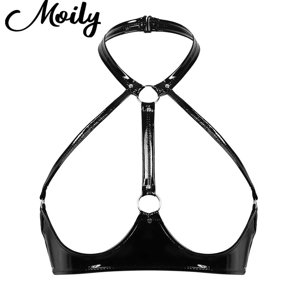 Fashion Punk Open Cup Bra Womens Sexy Leather Bra Top Halter Neck