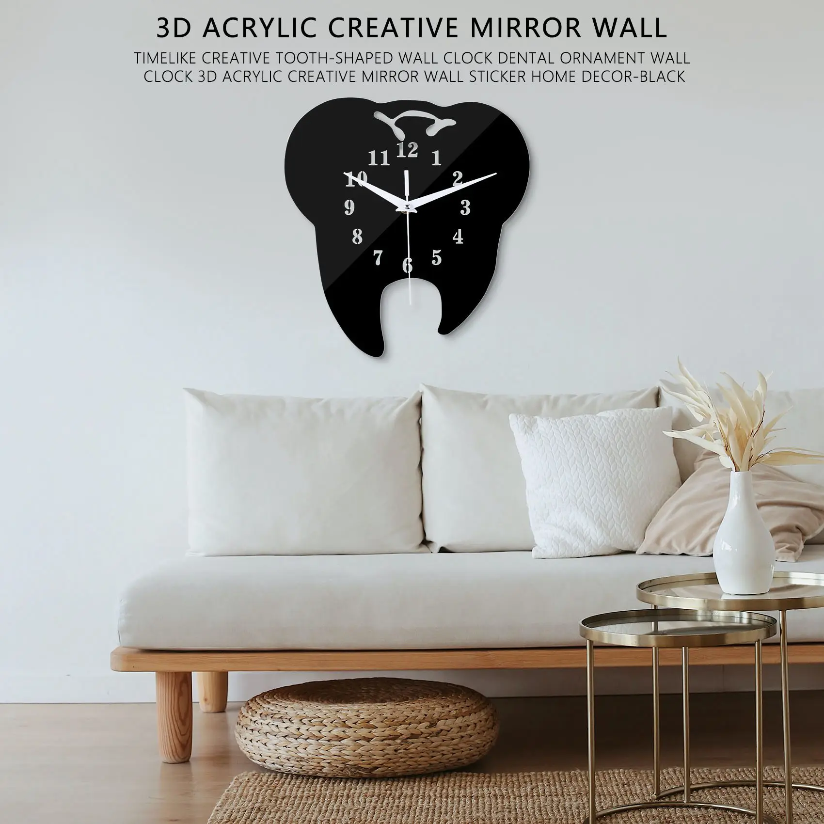 Timelike Creative Tooth-Shaped Wall Clock Dental Ornament Wall Clock 3D Acrylic Creative Mirror Wall Sticker Home Decor-Black