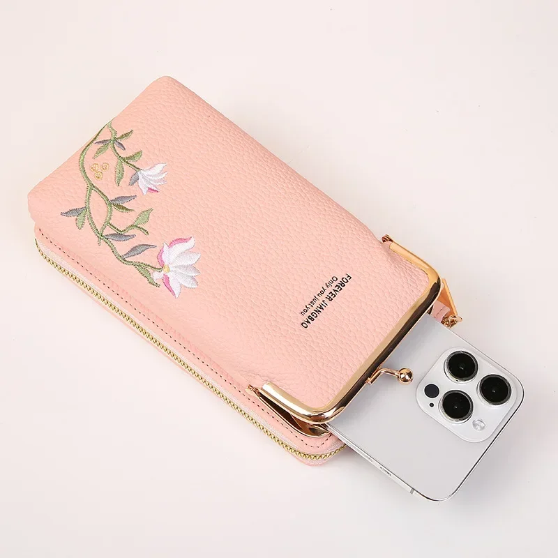 Girl Lychee Patterned Fashionable Wallet,Ladies Embroidered Leather Diagonal Cross Shoulder Small Bag,Women's Mobile Phone Bag 4