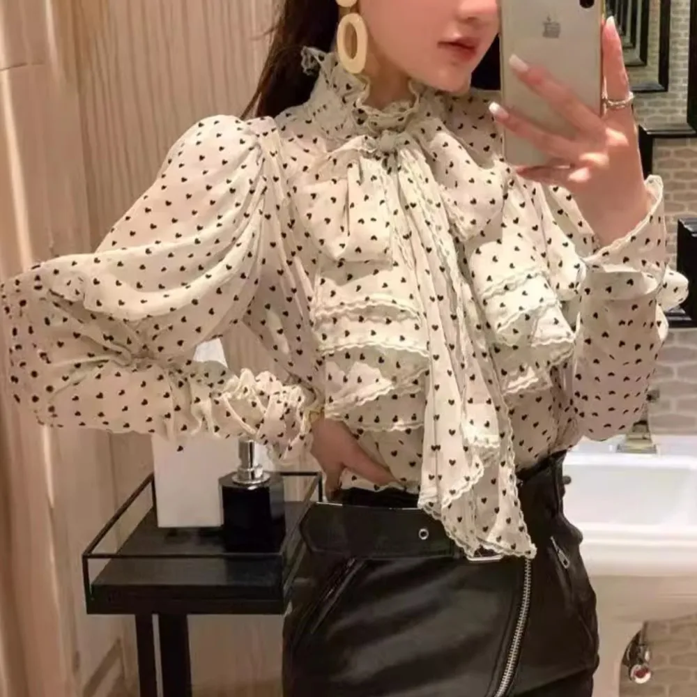 

Женская шифоновая блузка в горошек, блузка с рукавами в дворцовом стиле, весна 2024