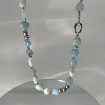 blue natural stone mix freshwater pearl summer irregular original design sense INS exquisite necklace