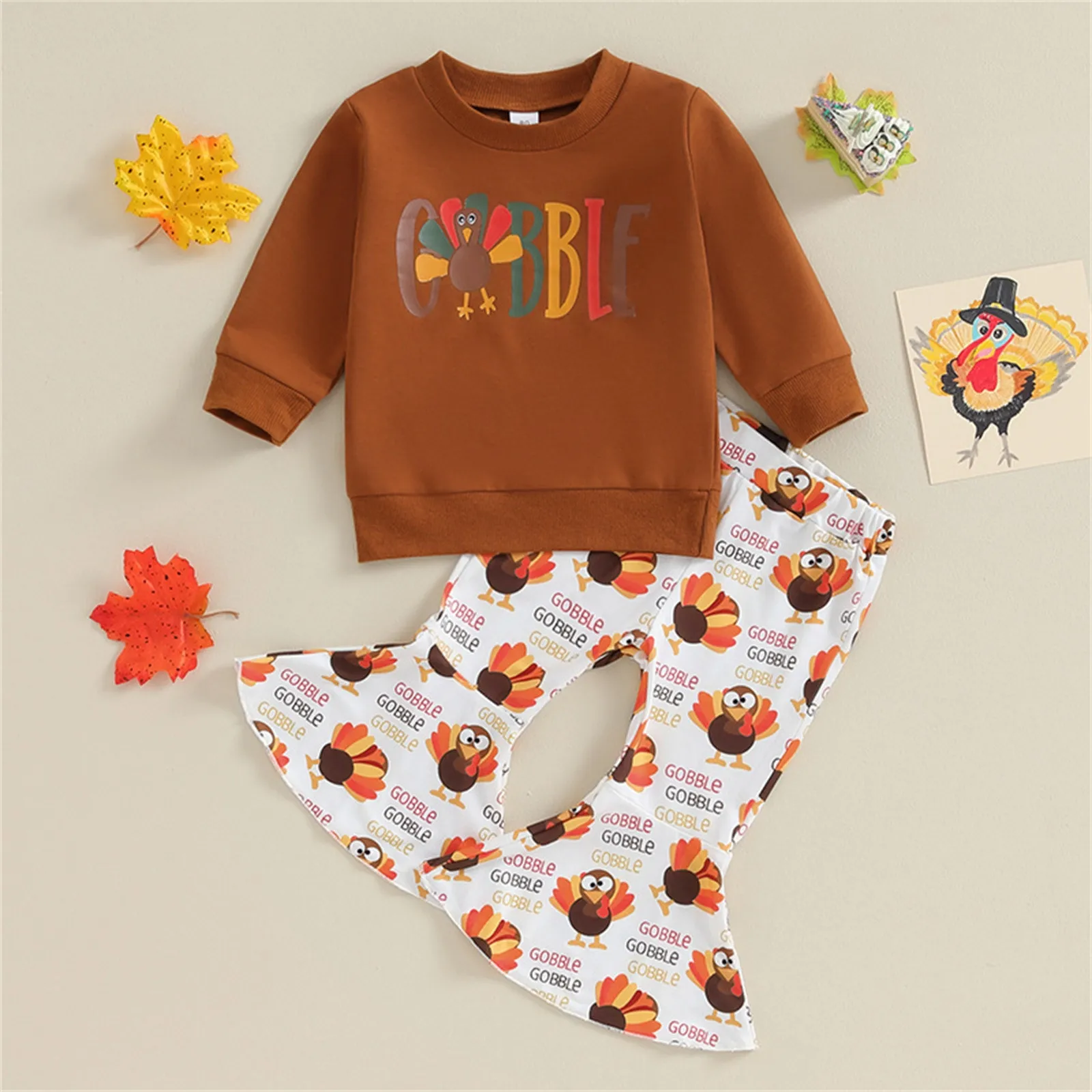 

0-4Y Thanksgiving Toddler Girls Clothes Sets 2pcs Letter Print Pullover Sweatshirt Tops+Turkey Print Flared Pants 2Piece Sets