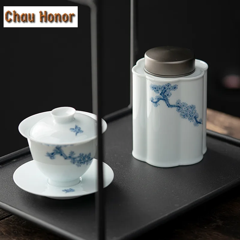 Japanese White Porcelain Tea Can Hand-painted Pine Wind Art Ceramic Tea Storage Household Moisture-proof Pot Sealed Jar Tea Item