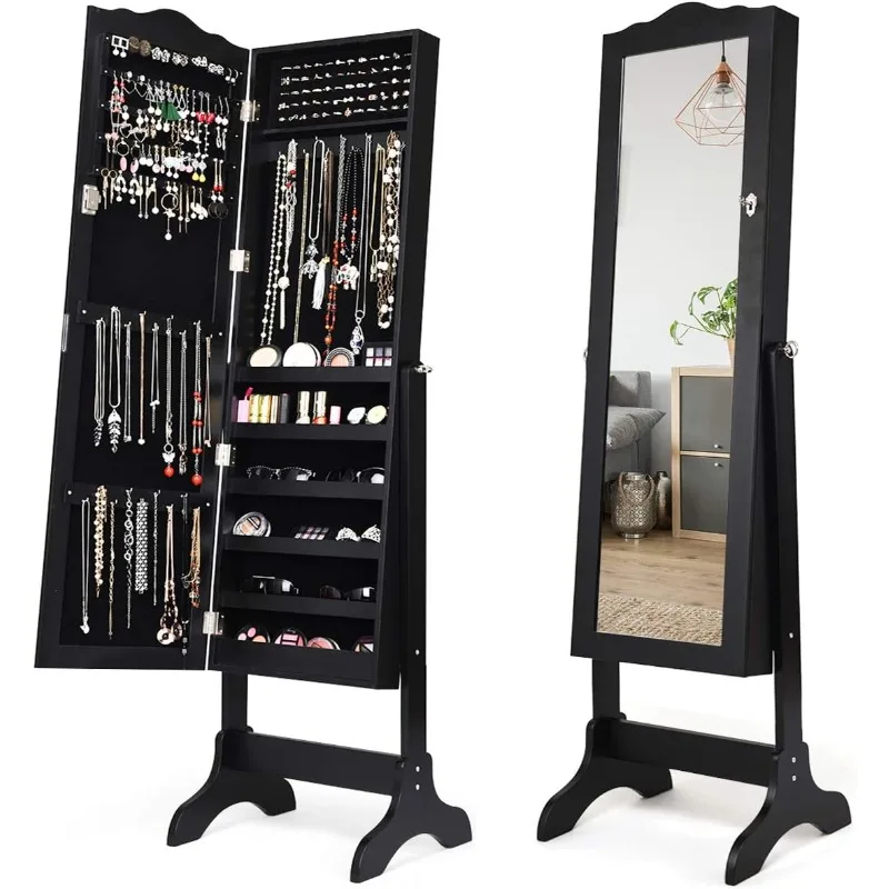 Jewelry Box Armoire with Mirror, Standing Jewelry Cabinet, 29 Necklace Holder Hooks Ring Earring Makeup Display Storage