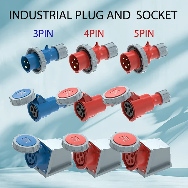 ปลั๊กและเต้ารับอุตสาหกรรม 5 ขา 3 แกน 3P/4P/5P ขั้วต่อไฟฟ้า 16A 32A IP67 เต้ารับติดผนัง 220V 380V 415V ตัวผู้ ตัวเมีย 1