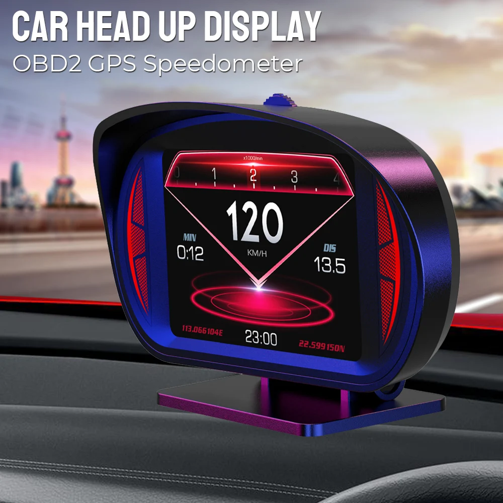 

Car Head Up Display OBD2 GPS Speedometer Overspeed Alarm P2 Dual System HUD Slope Tilt Meter Security Alarm Turbo Brake Test