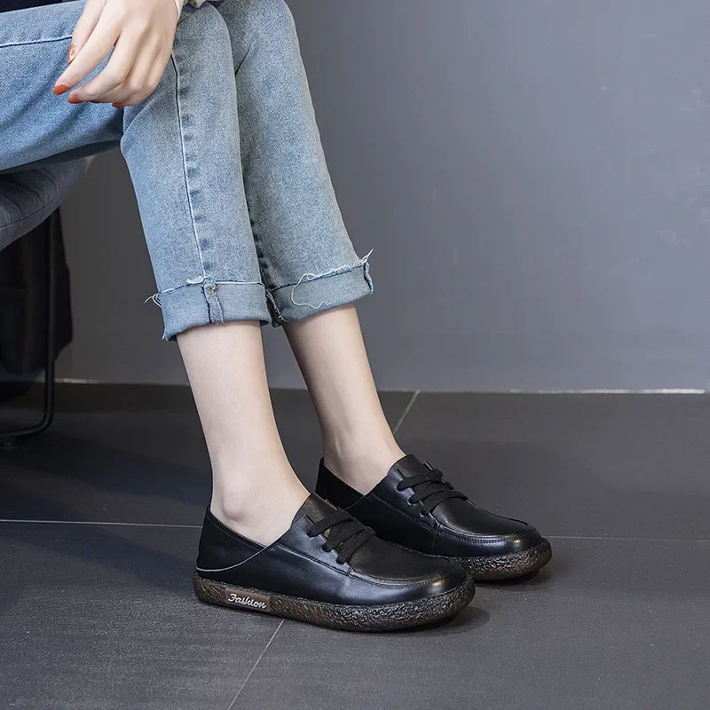 2.5cm Genuine Leather Women Oxfords Breathable Shoes Flats Comfy Lace Up Chunky Sneakers Spring Platform Wedge Loafer Slippers 6