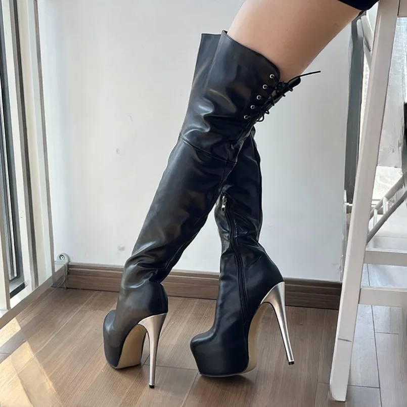 

2024 New Women Platform Winter Over The Knee Boots Side Zipper Stiletto Heels Round Toe Black Party Shoes Plus US Size 5-15