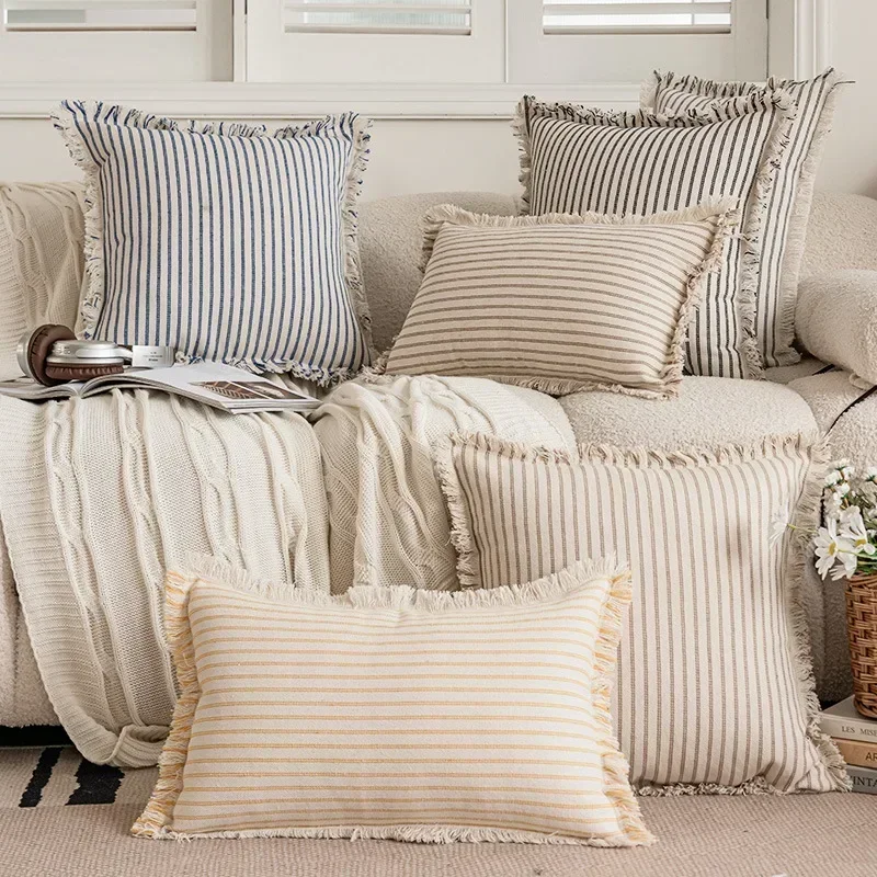 1PC Striped Jacquard Tassel Pillow Covers Decorative Cotton Linen Jacquard Yarn-dyed Cushion Cover Nordic Home Decor Pillow Case