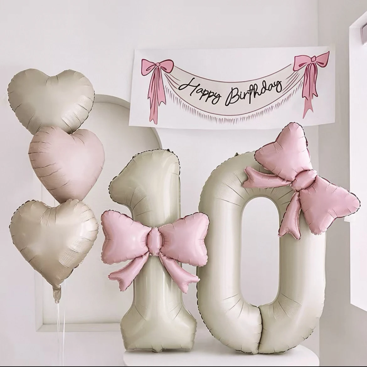 �40inch Brown-White Number 8 Foil Balloon with Light Pink Bow - Birthday/Anniversary Party Decor