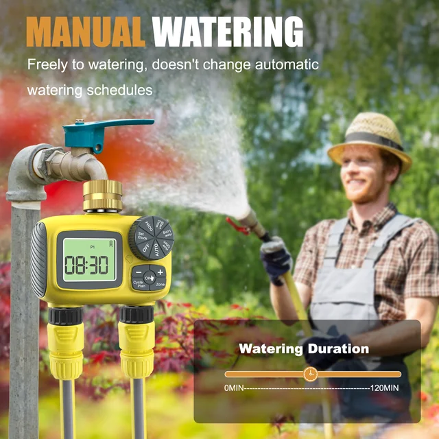 Haozee Smart Water Timer Intelligent 2-Outlet Irrigation Watering System Sprinkler Timer Garden Programmer IPX7 LCD Display 3