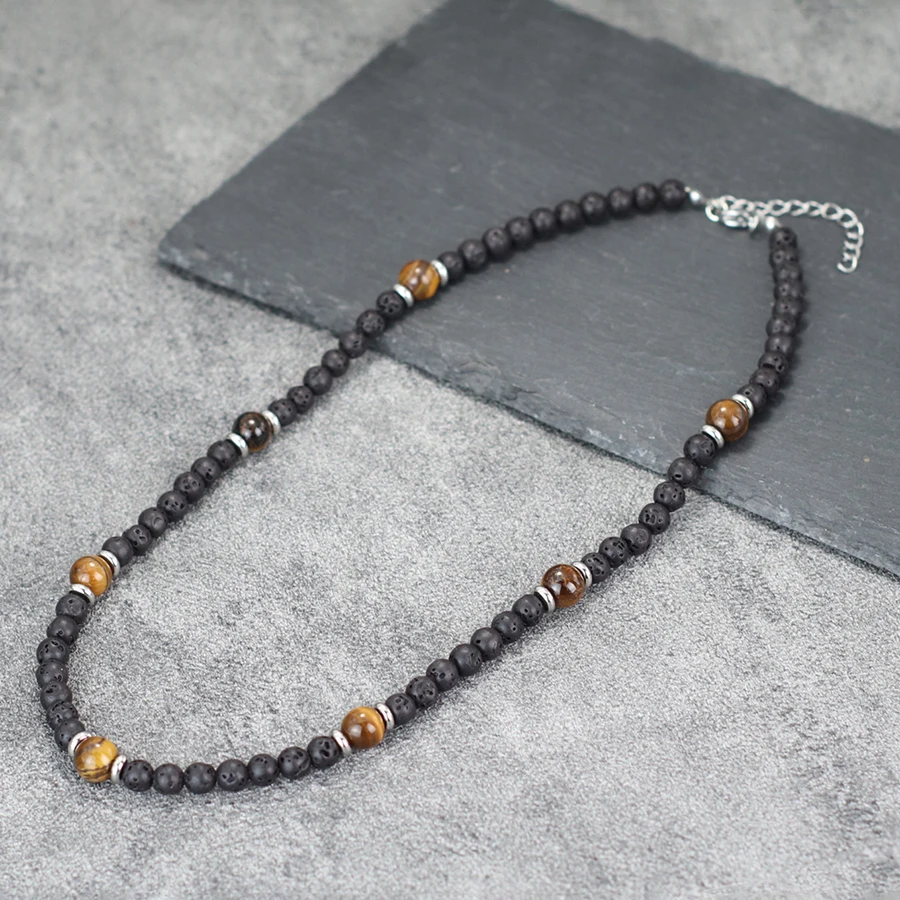 Natural Stone Lava Tiger Eyes Necklace For Men