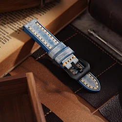 Vintage Handmade Italian Waxed Cowhide Leather Watchband - Black, Blue, Green Options for 22mm (A Brack buckle)