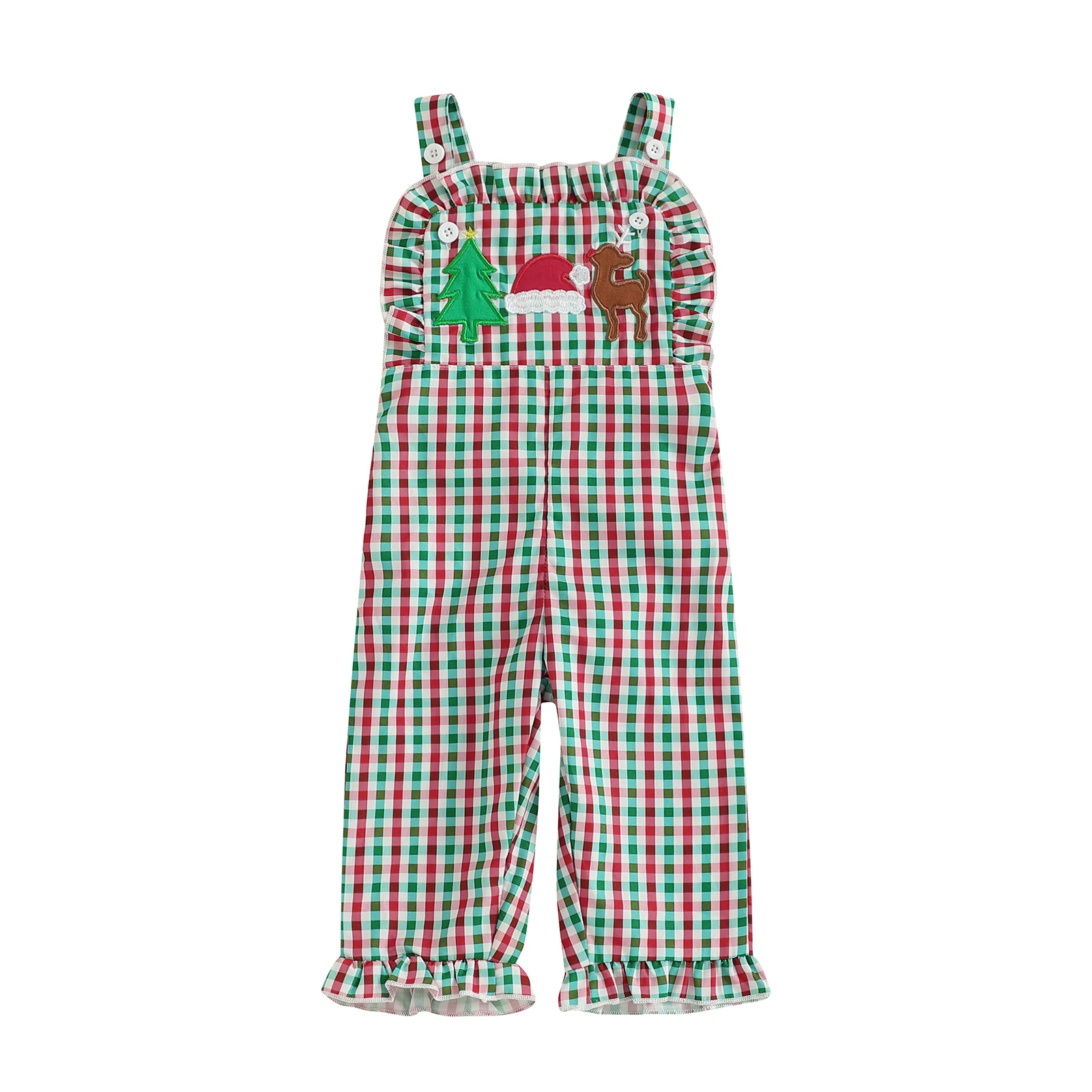 Toddler Baby Girl Christmas Overalls Plaid Tree Reindeer Frill Trim Square Neck Sleeveless Pants Jumpsuit