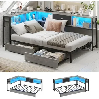 Corner Bed Frame Twin Size with Bookcase 1
