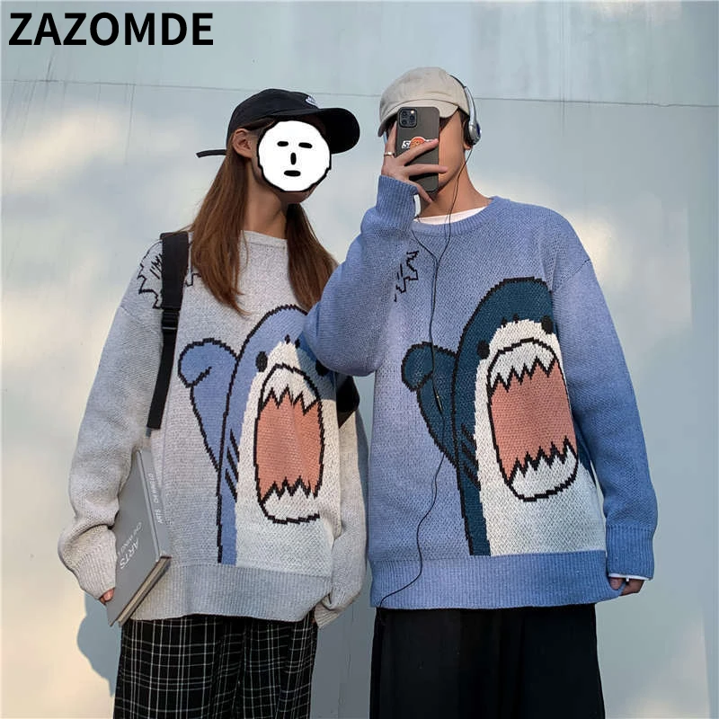 ZAZOMDE New Couples Sweater Autumn Winter Pullover Harajuku Cartoon Cute Shark Knitted Sweater Round Neck High Street Sweaters