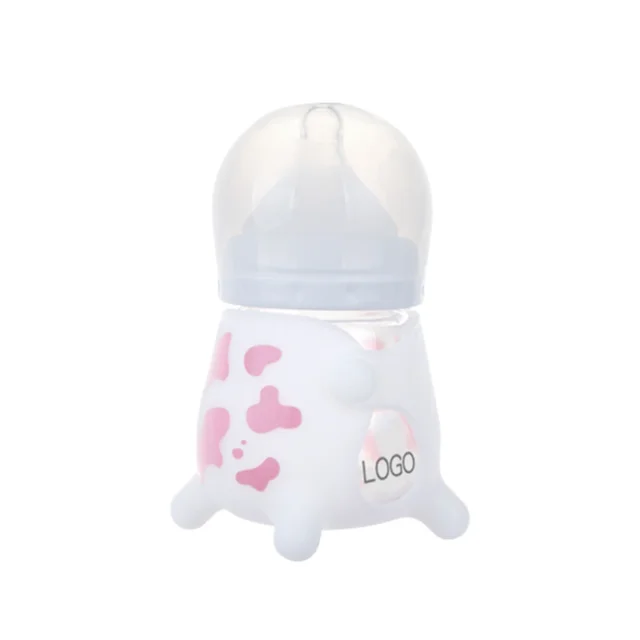 Silicone baby bottle 120ML cute cow drop resistant glass bottle water 4