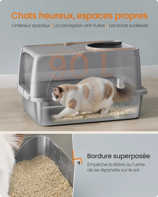Bac à litière pour chat, en acier inoxydable, avec couvercle basculant, anti-fuite, pelle, brosse, double entrée, pour chats jusqu'à 15 kg 4 Bac à litière pour chat, en acier inoxydable, avec couvercle basculant, anti-fuite, pelle, brosse, double entrée, pour chats jusqu'à 15 kg 4