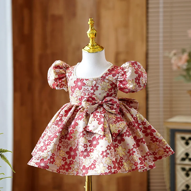 

Flower Girl Luxury Red Dress Children Birthday Baptism Dresses for Kids Elegant Bow Girls Boutique Easter Eid Party Wear Ball