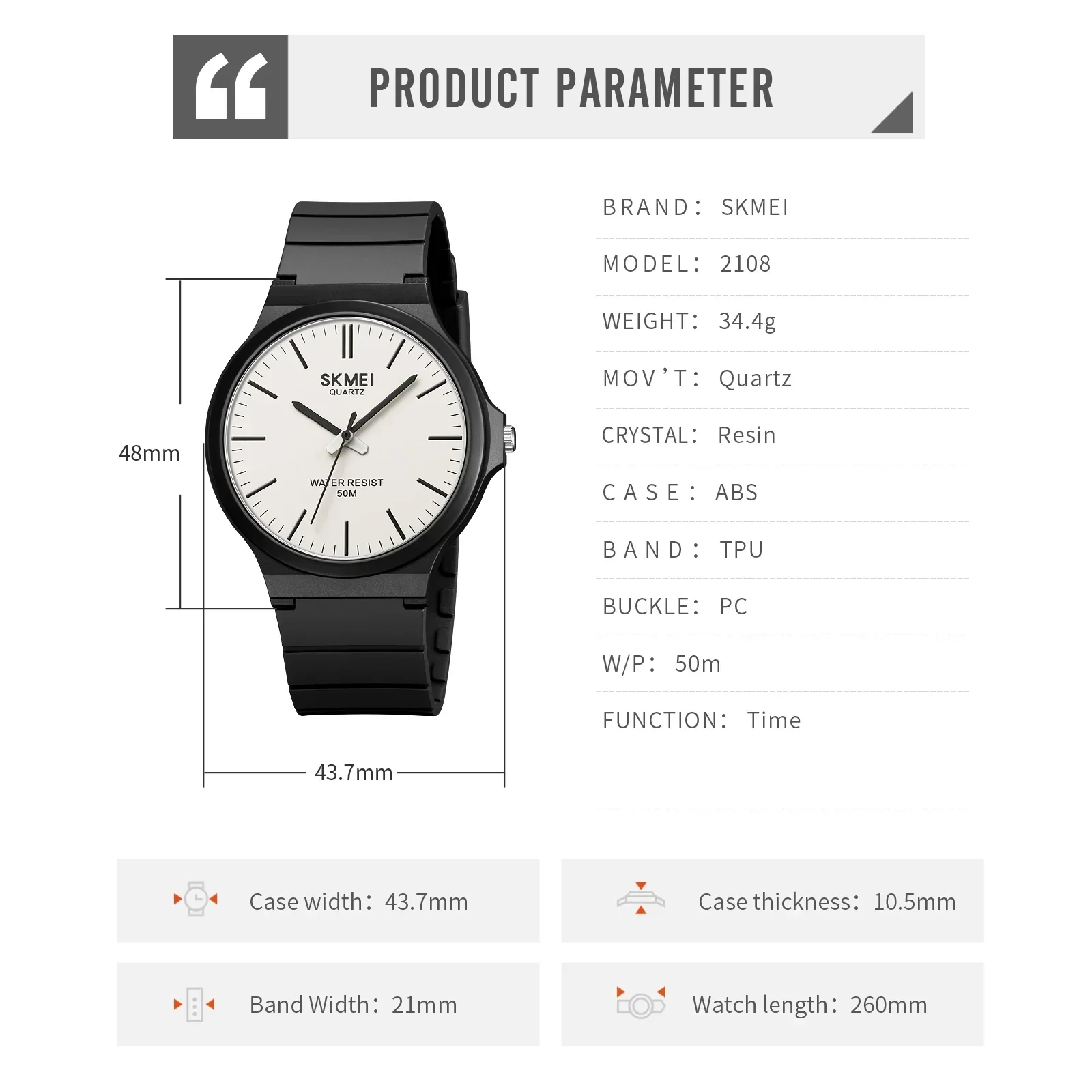 SKMEI 2108 Luxury Simple Quartz Watch for Men Casual Waterproof Sports Mens Wristwatches Shockproof Student Clock Reloj Hombre