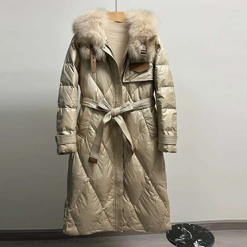 Down Jacket with White Duck Down Filling Long Sleeved Jacket Winter New Long Style Thickened Fox Fur Collar Jacket