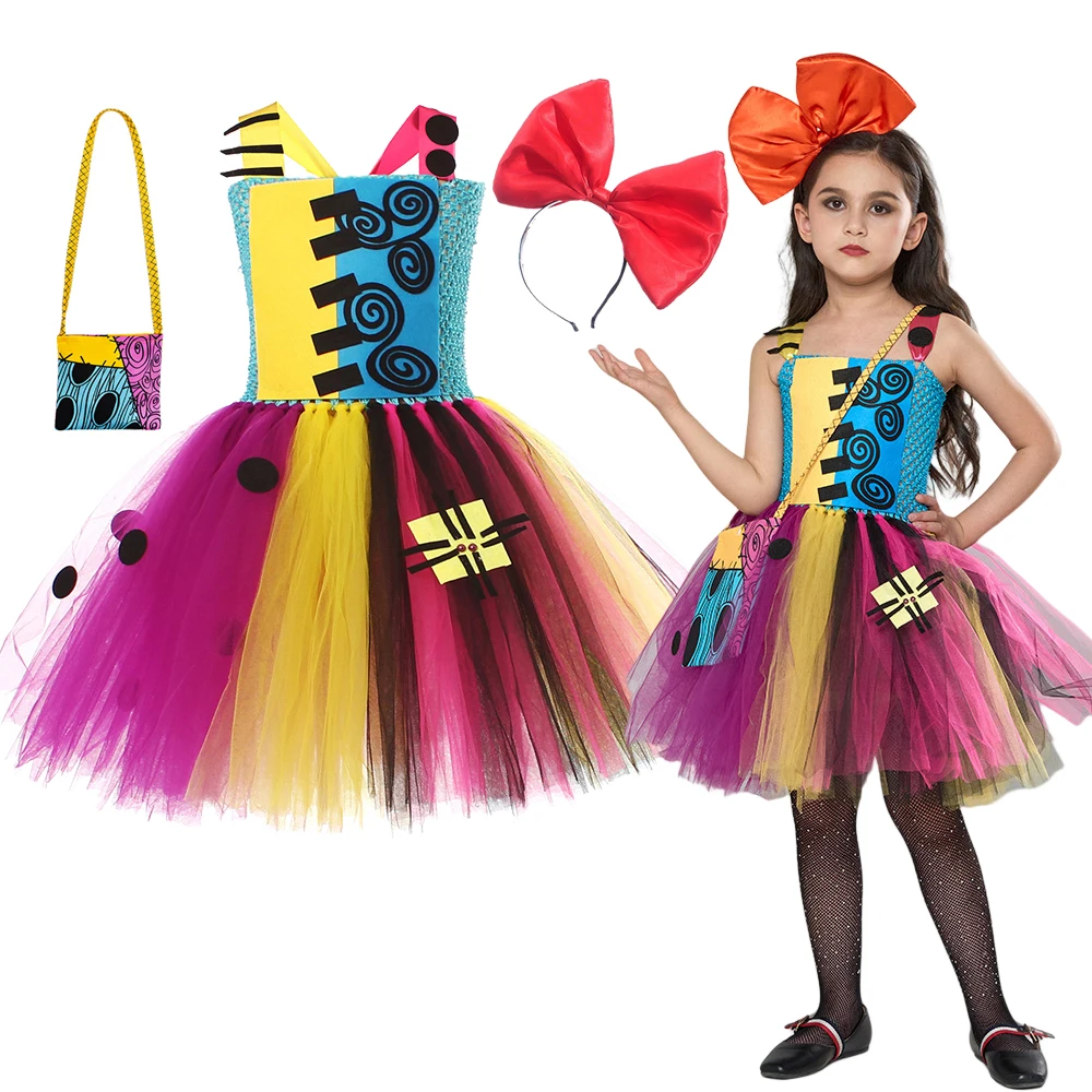 

Girls Nightmare Before Christmas Tutu Dress Cosplay Sally Fancy Halloween Scary Costume Kids Princess Dress Party Clothing 2-12Y