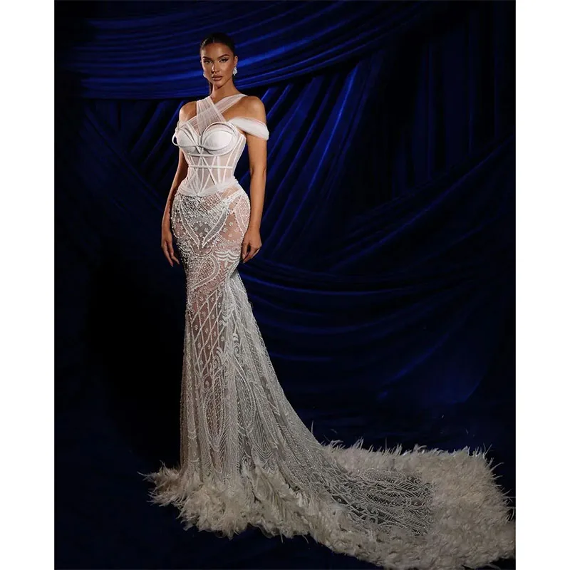 

Exquisite Mermaid Prom Dresses 3D Lace Sexy Appliques Sequins Beaded Floor Length Celebrity Feather Evening Dresses Custom Made